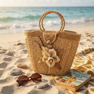 Vintage 60s Wicker Straw Wood Round Handle Bag Handbag